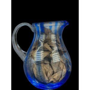 Verano like Striped cobalt blue Round Art Glass Pitcher vase with handle HTF